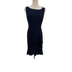 Vtg 90s Melinda Eng Silk Dark Blue Cocktail Dress Ruffle Hem Sz M Wiggle Classic